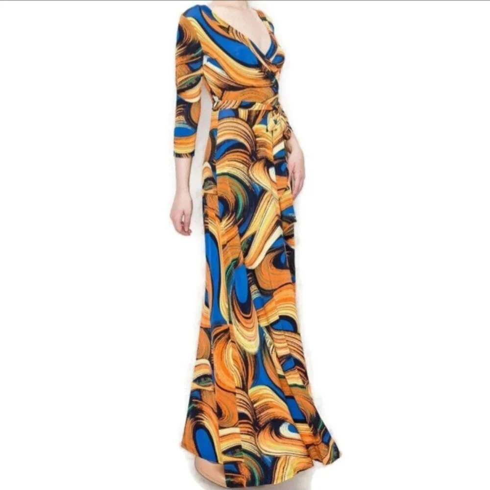 Janette Fashion Sunsets and Waves Faux Wrap 3/4 Sleeve Long Maxi Dress - Picture 4 of 4